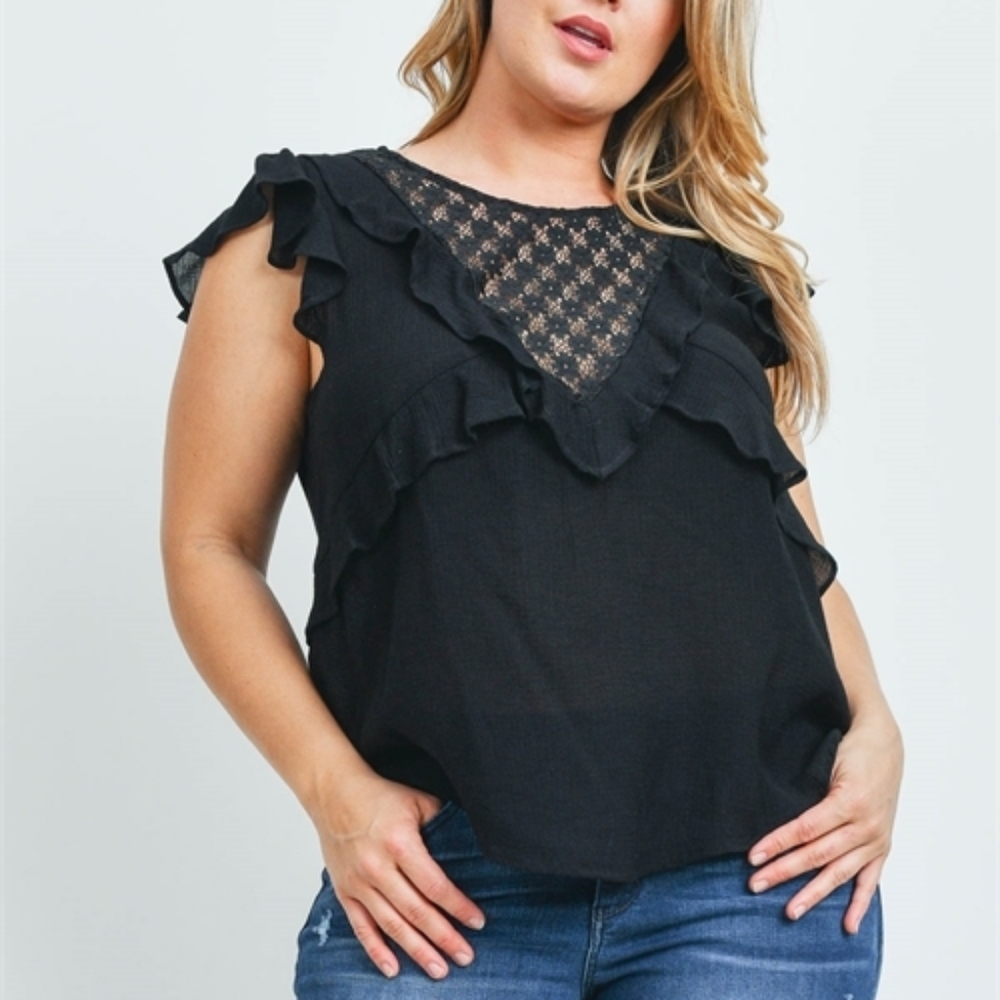 NWT Plus Size Black Ruffled Sleeve Lace Neck Blous